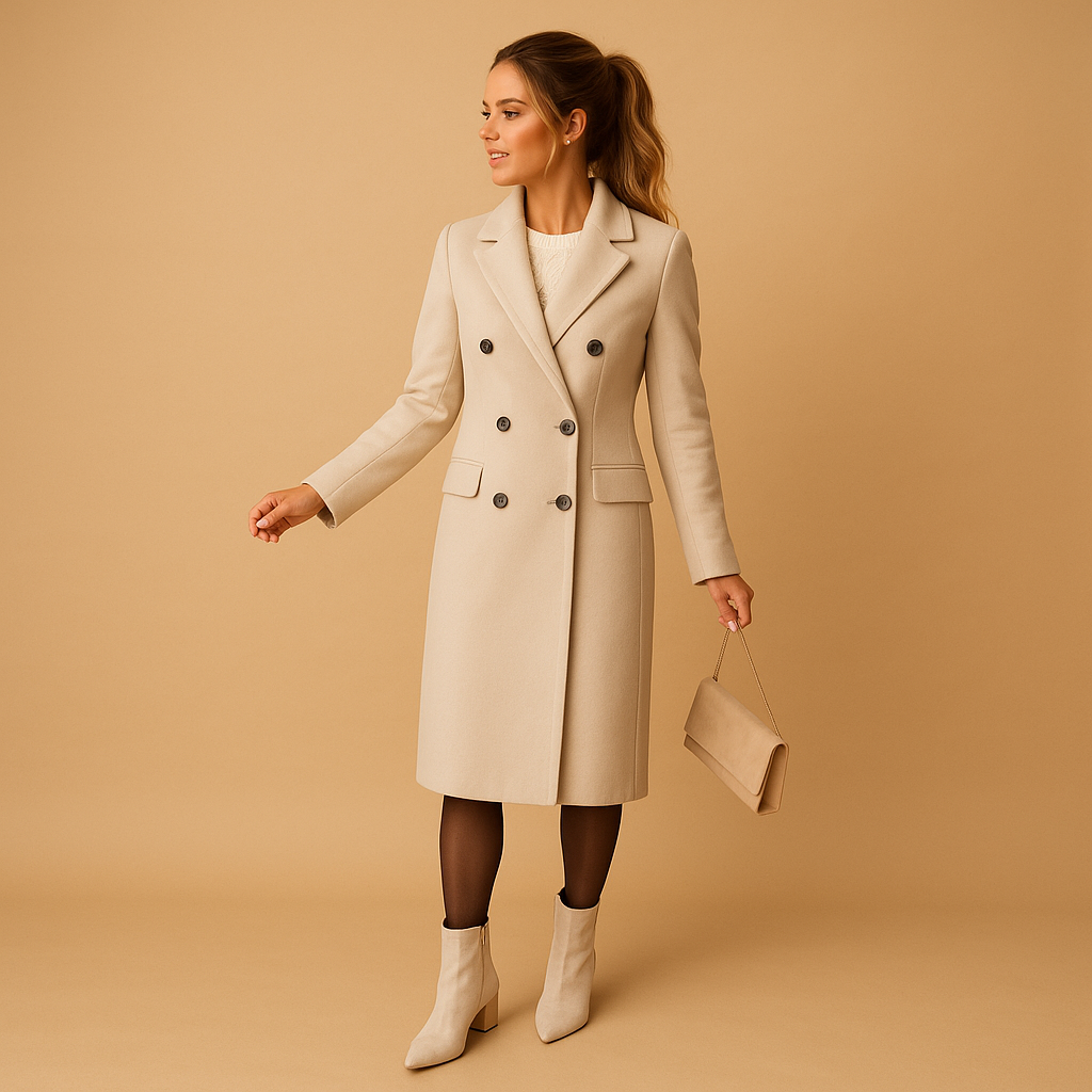Stylish long winter coat for women with soft lining and tailored fit, available in pink, beige, grey, black, army green, and brown.