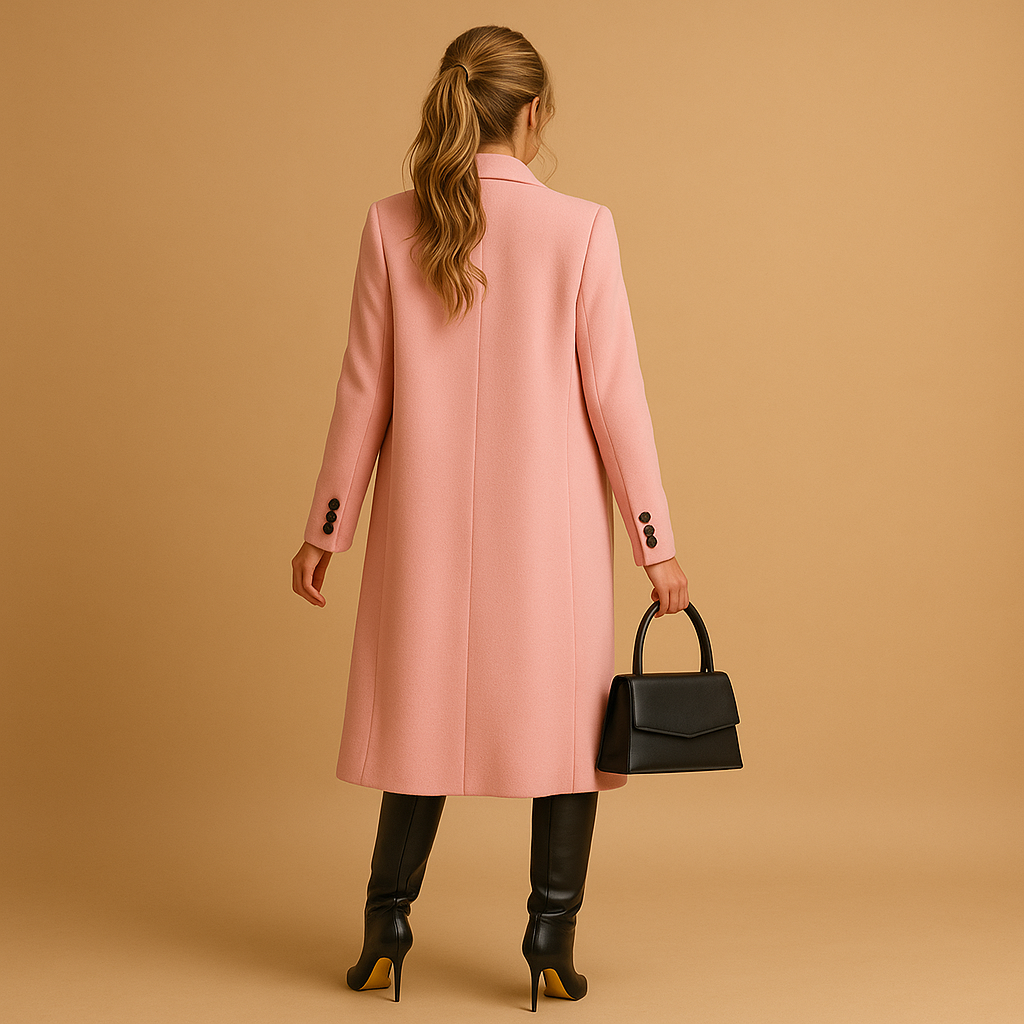 Stylish long winter coat for women with soft lining and tailored fit, available in pink, beige, grey, black, army green, and brown.