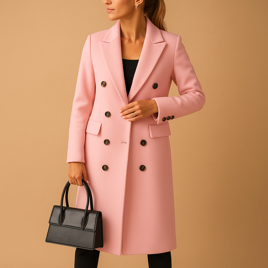 Stylish long winter coat for women with soft lining and tailored fit, available in pink, beige, grey, black, army green, and brown.