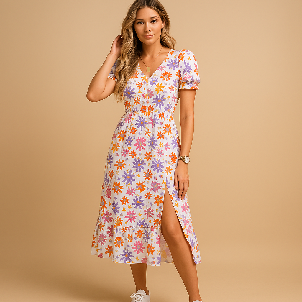 Women’s elegant maxi dress with V-neck and slit, available in vibrant prints and colors. Perfect for summer holidays, garden parties, or casual wear.