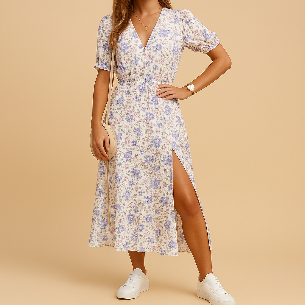Women’s elegant maxi dress with V-neck and slit, available in vibrant prints and colors. Perfect for summer holidays, garden parties, or casual wear.