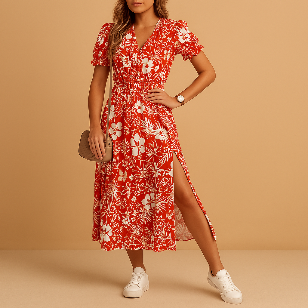 Women’s elegant maxi dress with V-neck and slit, available in vibrant prints and colors. Perfect for summer holidays, garden parties, or casual wear.