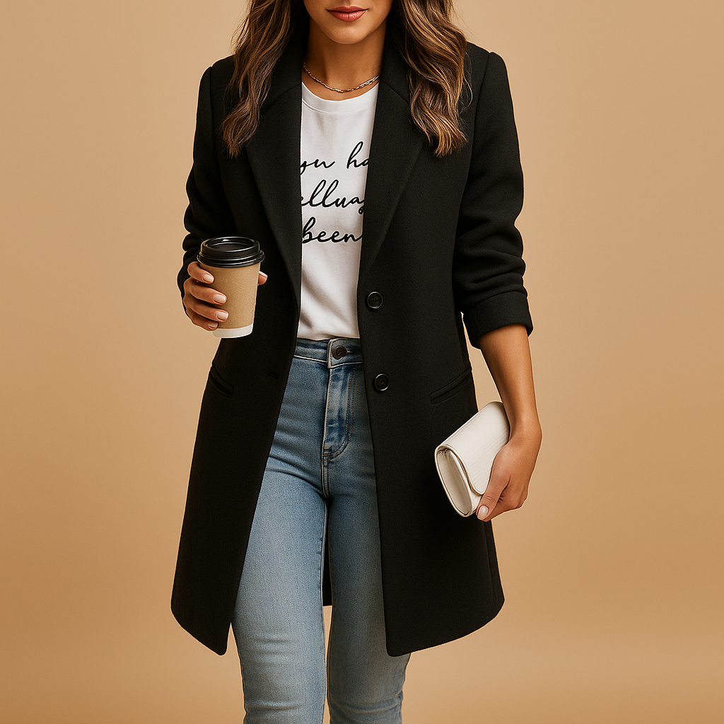 Stylish women’s mid-length coat with tailored fit, available in black, camel, and navy – perfect for winter elegance.