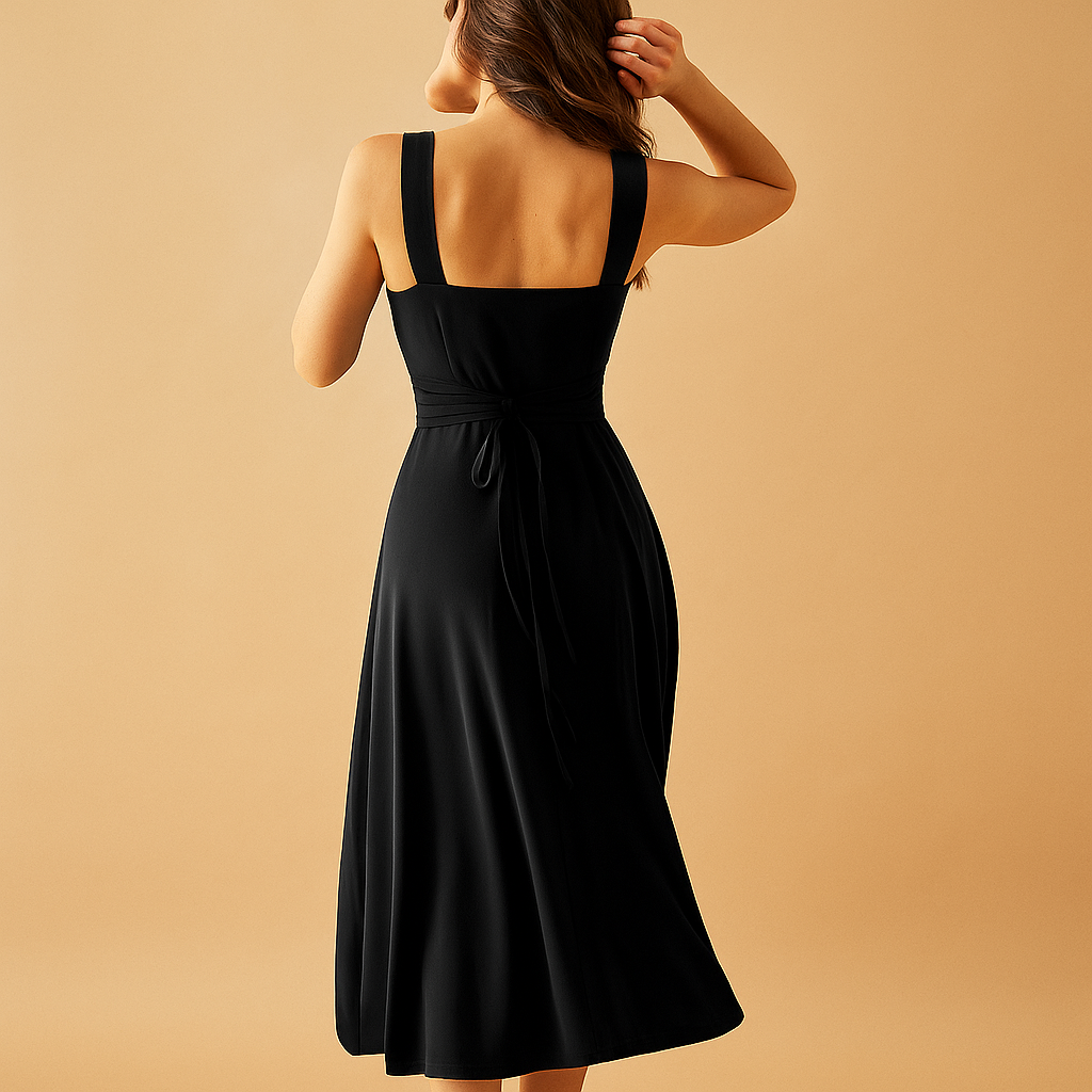 Elegant midi dress for women with square neckline, wide straps, and waist tie, ideal for work, weddings, parties, and casual occasions.
