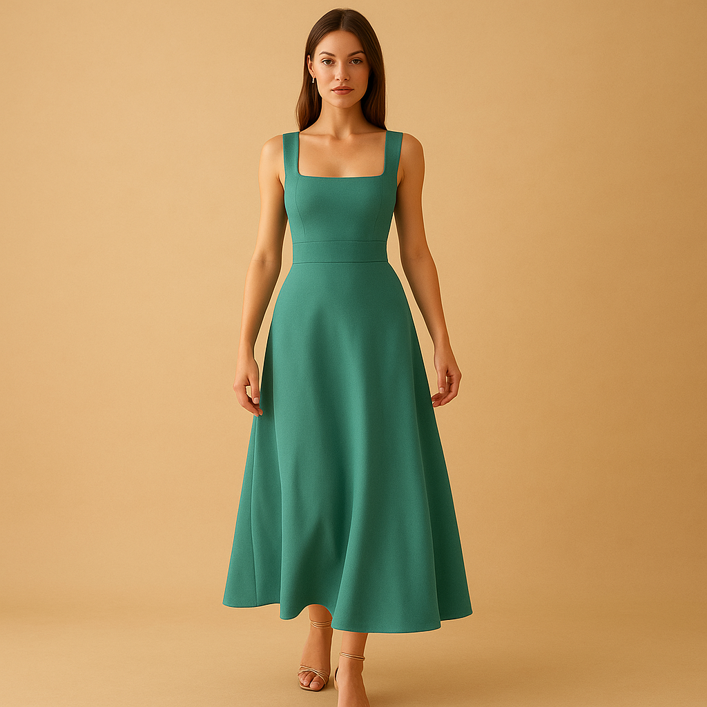 Elegant midi dress for women with square neckline, wide straps, and waist tie, ideal for work, weddings, parties, and casual occasions.