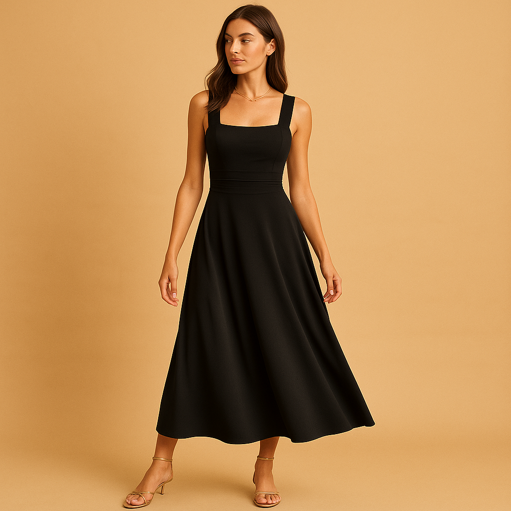 Elegant midi dress for women with square neckline, wide straps, and waist tie, ideal for work, weddings, parties, and casual occasions.