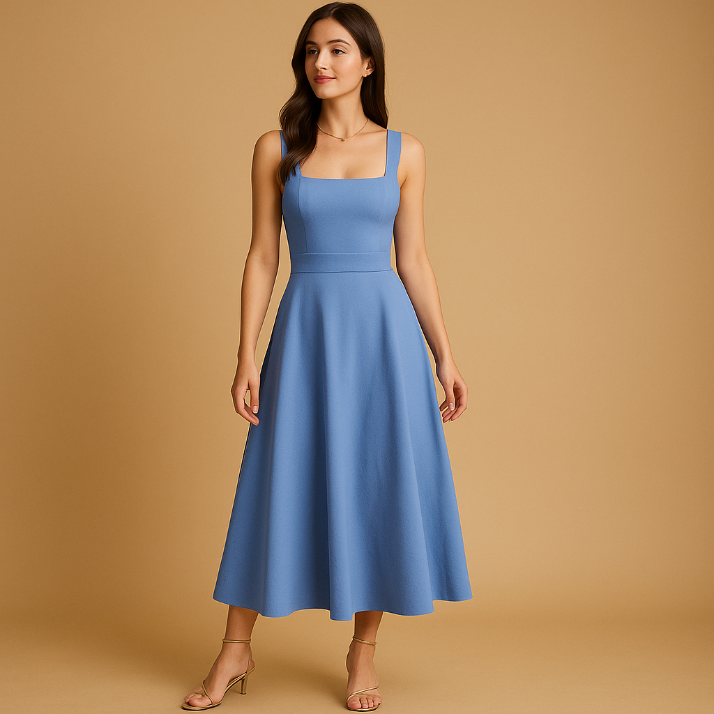 Elegant midi dress for women with square neckline, wide straps, and waist tie, ideal for work, weddings, parties, and casual occasions.