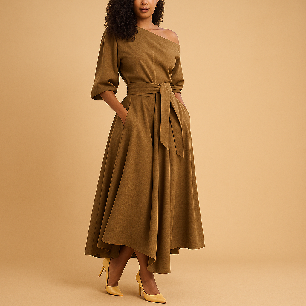 Elegant midi dress with waistband for women | Sophia
