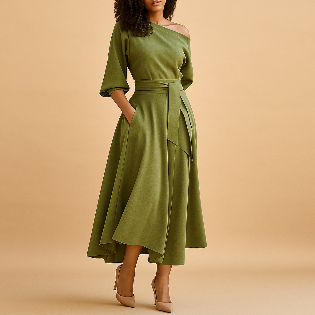 Elegant midi dress with waistband for women | Sophia