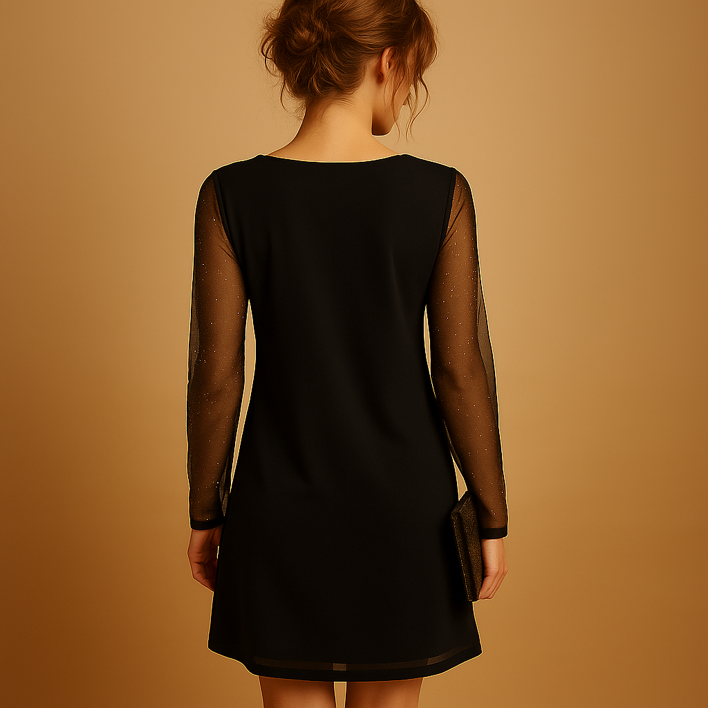 Elegant black mini dress for women featuring a V-neckline and long sleeves, perfect for parties, evening wear, or casual chic outfits.