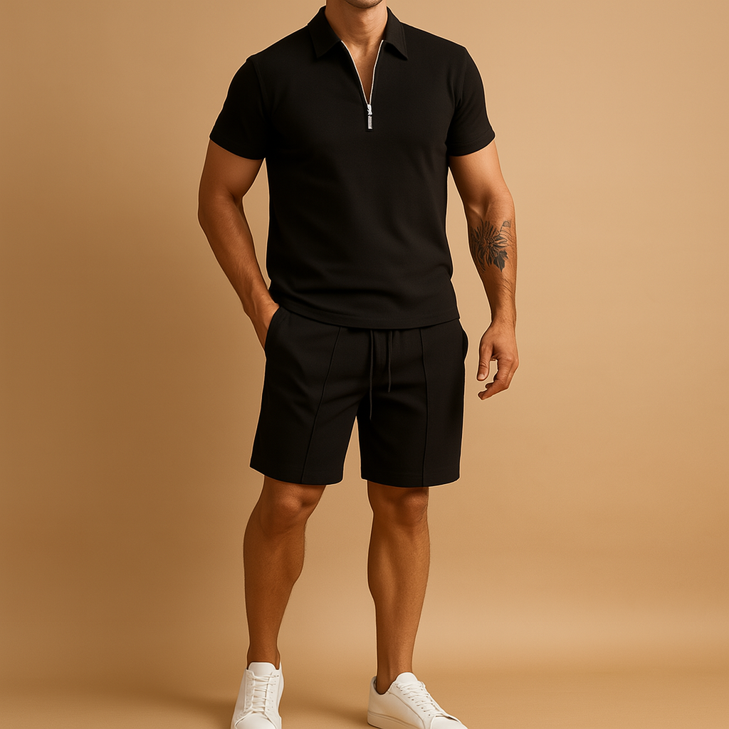 Two-piece summer set for men with elegant polo and matching shorts. Slim fit design, breathable fabric, perfect for vacations, dinners, and casual days.
