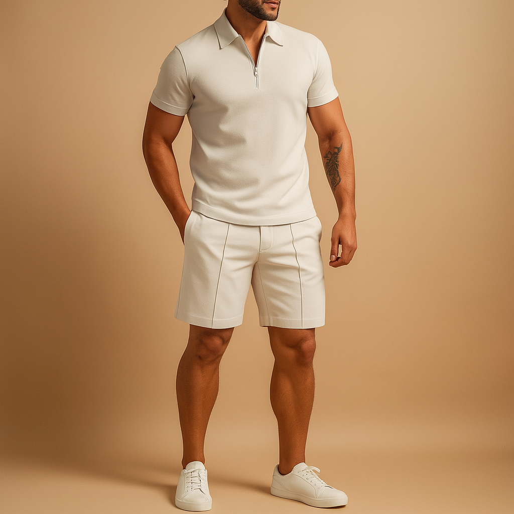 Two-piece summer set for men with elegant polo and matching shorts. Slim fit design, breathable fabric, perfect for vacations, dinners, and casual days.