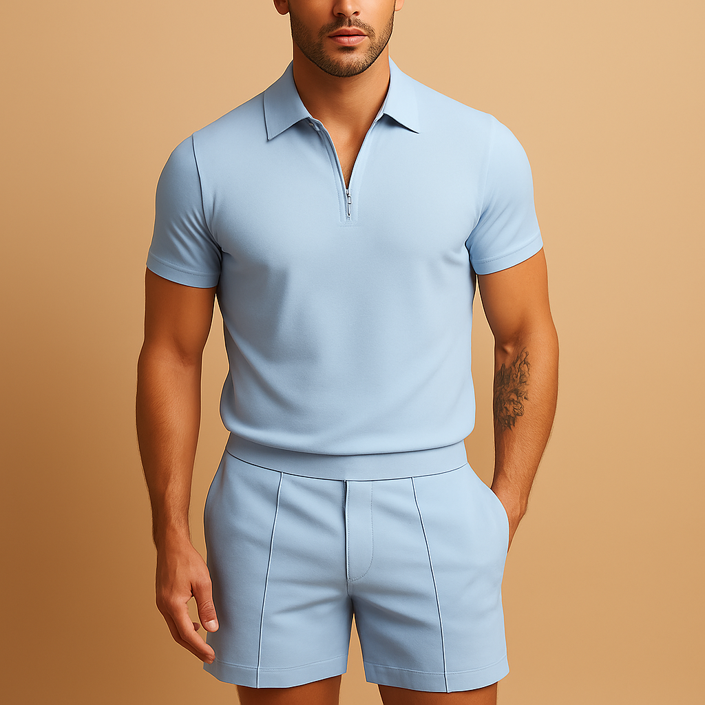 Two-piece summer set for men with elegant polo and matching shorts. Slim fit design, breathable fabric, perfect for vacations, dinners, and casual days.