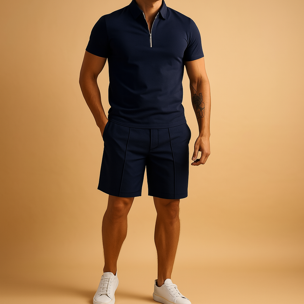 Two-piece summer set for men with elegant polo and matching shorts. Slim fit design, breathable fabric, perfect for vacations, dinners, and casual days.