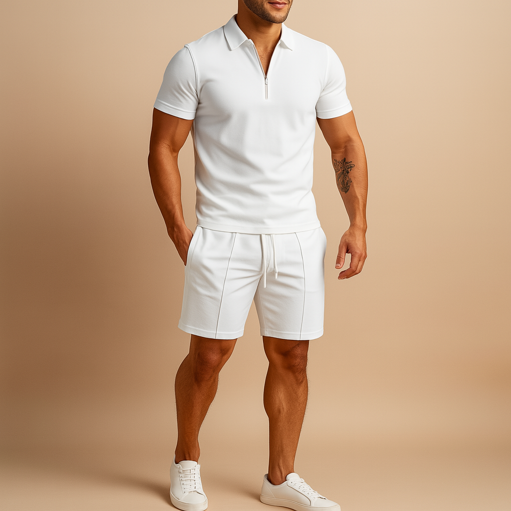 Two-piece summer set for men with elegant polo and matching shorts. Slim fit design, breathable fabric, perfect for vacations, dinners, and casual days.