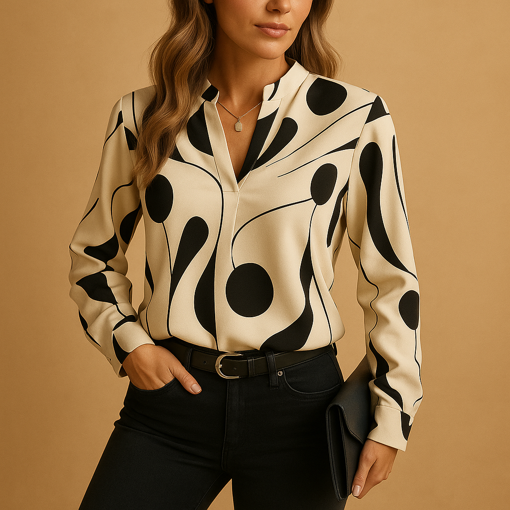 Elegant printed blouse for women in apricot and black, featuring a relaxed fit and refined, timeless design for all occasions.