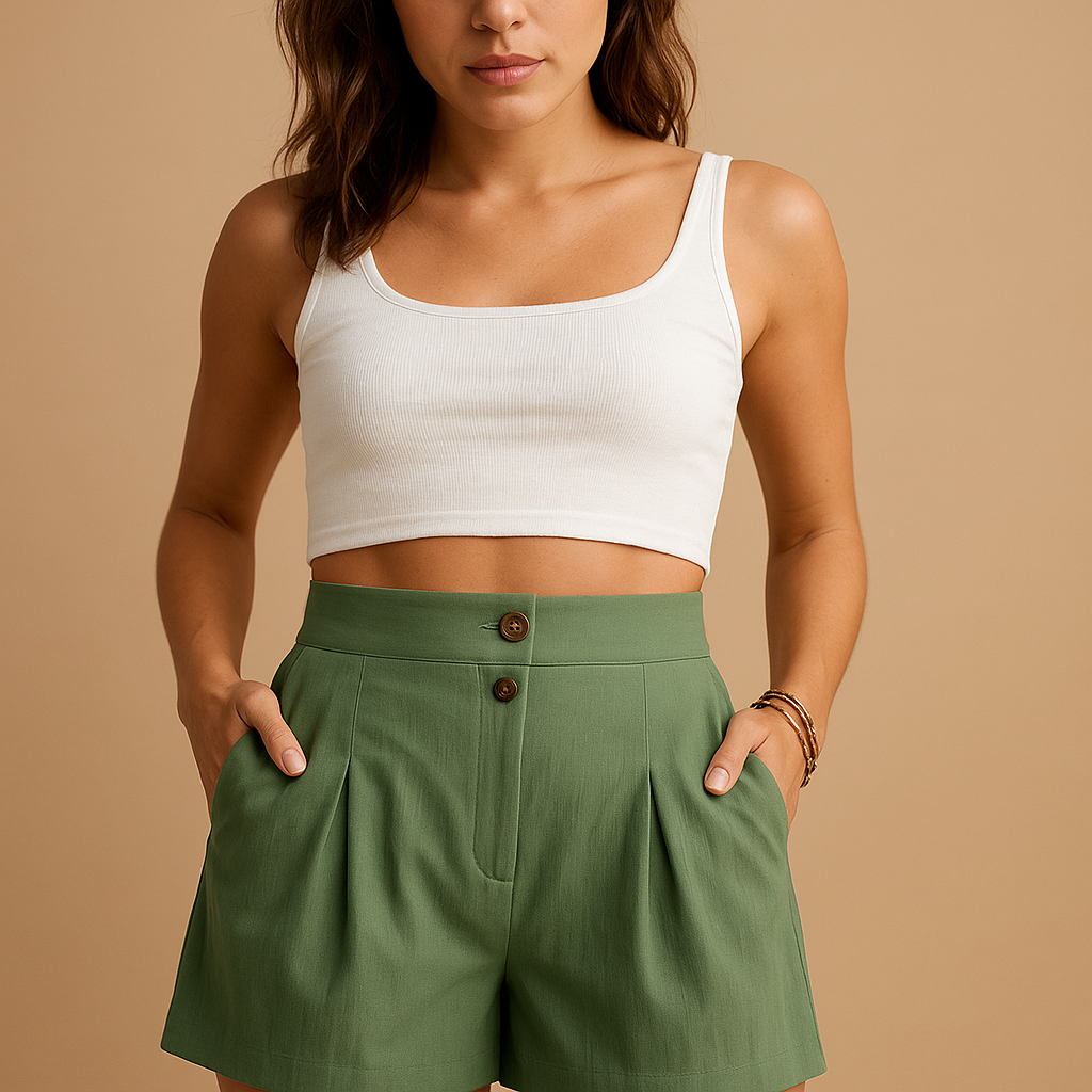 Elegant shorts for women with flattering fit and stylish double button detail at the front. Perfect for summer outfits, brunches, and garden parties.