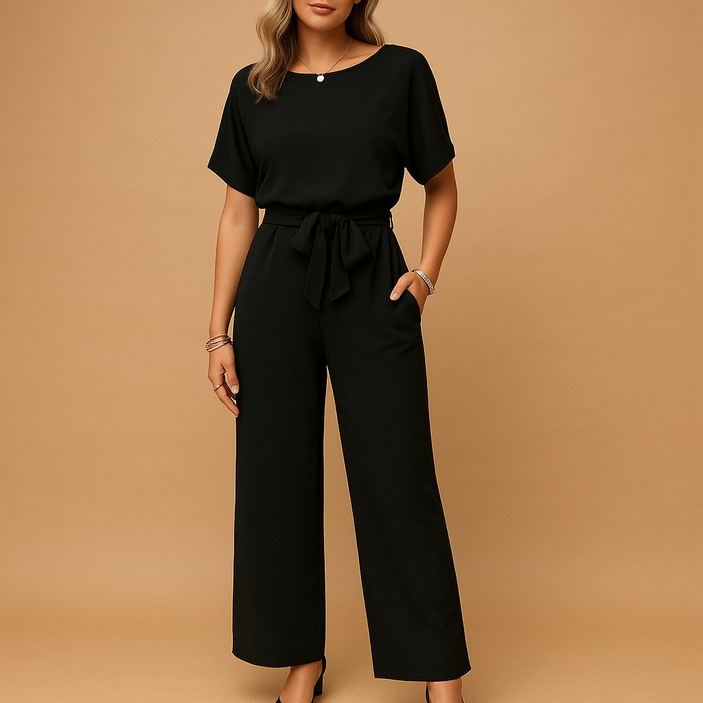 Women’s elegant jumpsuit with tailored fit and flowing sleeves, available in black, beige, and green. Perfect for galas, weddings, and evening occasions.