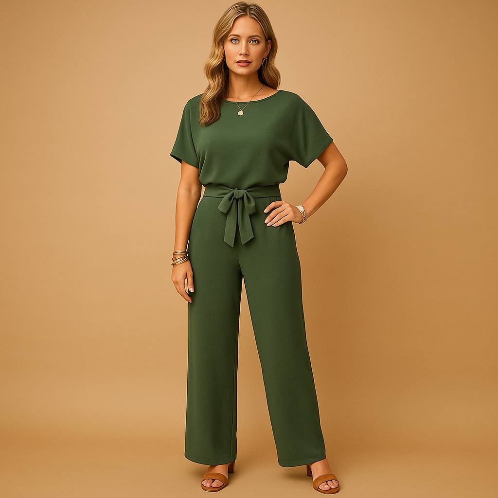 Women’s elegant jumpsuit with tailored fit and flowing sleeves, available in black, beige, and green. Perfect for galas, weddings, and evening occasions.