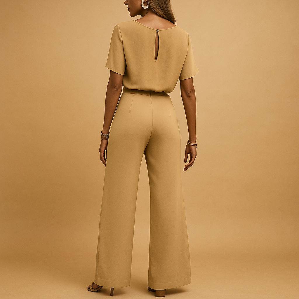 Women’s elegant jumpsuit with tailored fit and flowing sleeves, available in black, beige, and green. Perfect for galas, weddings, and evening occasions.
