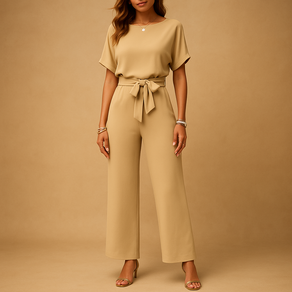 Women’s elegant jumpsuit with tailored fit and flowing sleeves, available in black, beige, and green. Perfect for galas, weddings, and evening occasions.
