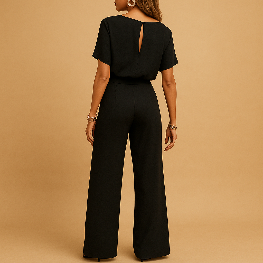 Women’s elegant jumpsuit with tailored fit and flowing sleeves, available in black, beige, and green. Perfect for galas, weddings, and evening occasions.