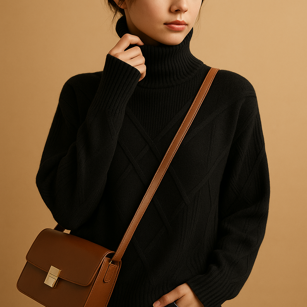 Women’s elegant turtleneck knit sweater with a modern fit, perfect for layering and everyday casual or chic outfits.