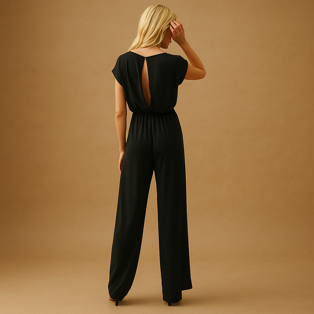 Women’s elegant V-neck jumpsuit with wide-leg design. A breathable and stylish outfit ideal for summer dinners, outings, and casual occasions.