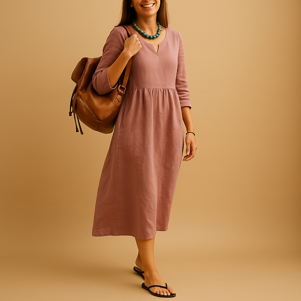 Elegant V-neck midi dress for women named Amelia, featuring a high-waisted fit, half-length sleeves, and timeless design perfect for any occasion.