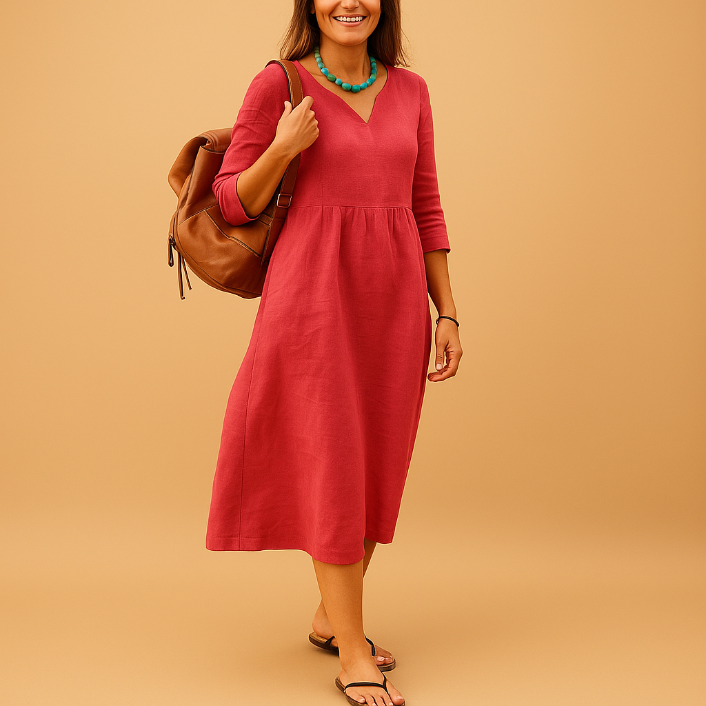 Elegant V-neck midi dress for women named Amelia, featuring a high-waisted fit, half-length sleeves, and timeless design perfect for any occasion.