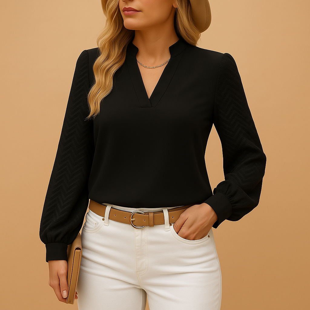 Women’s elegant V-neck top with flowy fit and refined silhouette, available in neutral tones, perfect for work, casual wear, or evening looks.