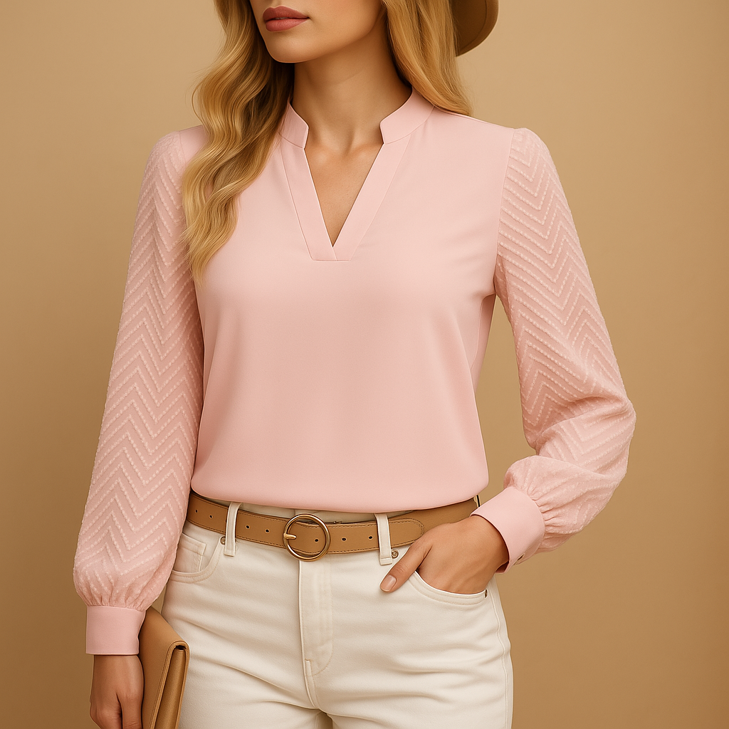 Women’s elegant V-neck top with flowy fit and refined silhouette, available in neutral tones, perfect for work, casual wear, or evening looks.
