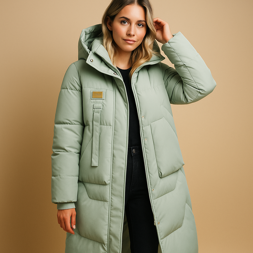 Women’s elegant winter coat with tailored fit, side pockets, and warm lining in black, khaki, or pastel blue, perfect for daily wear and special occasions.