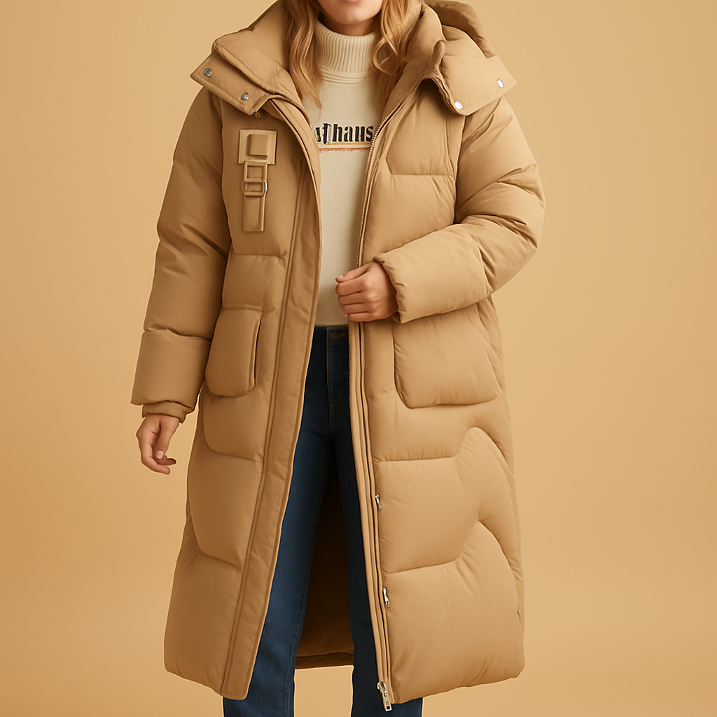 Women’s elegant winter coat with tailored fit, side pockets, and warm lining in black, khaki, or pastel blue, perfect for daily wear and special occasions.