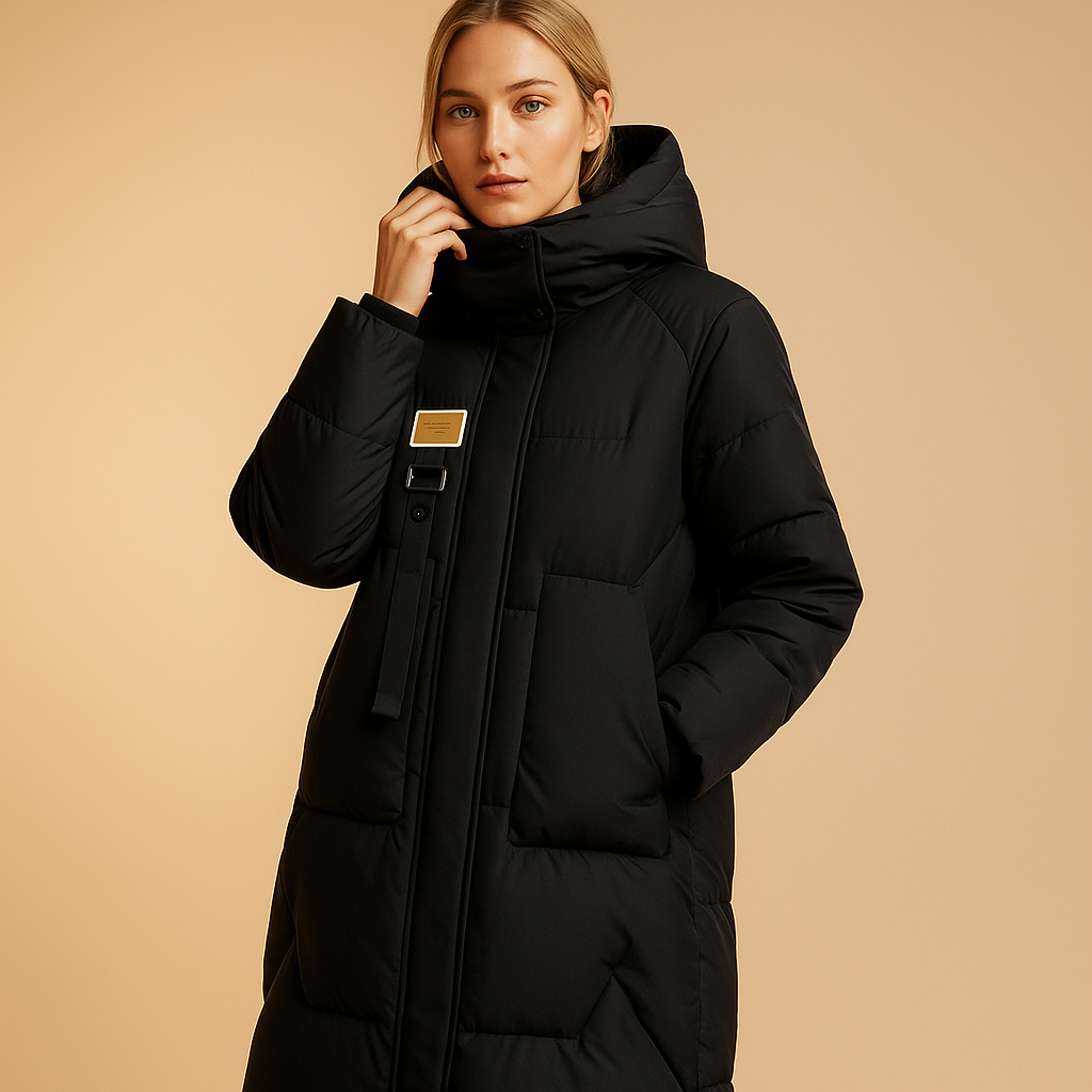 Women’s elegant winter coat with tailored fit, side pockets, and warm lining in black, khaki, or pastel blue, perfect for daily wear and special occasions.
