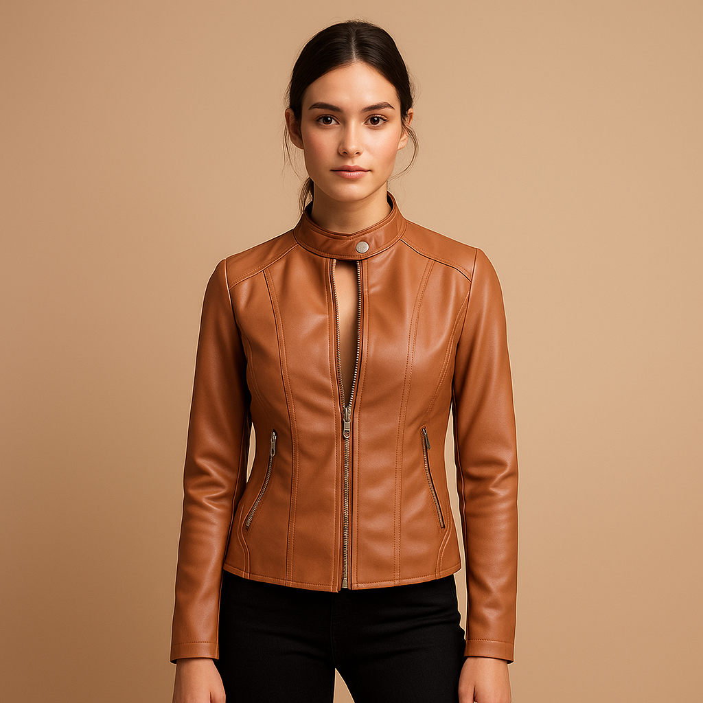 Women’s faux leather biker jacket with symmetric zipper, snap buttons, and silver details. A versatile choice for casual or elegant outfits.