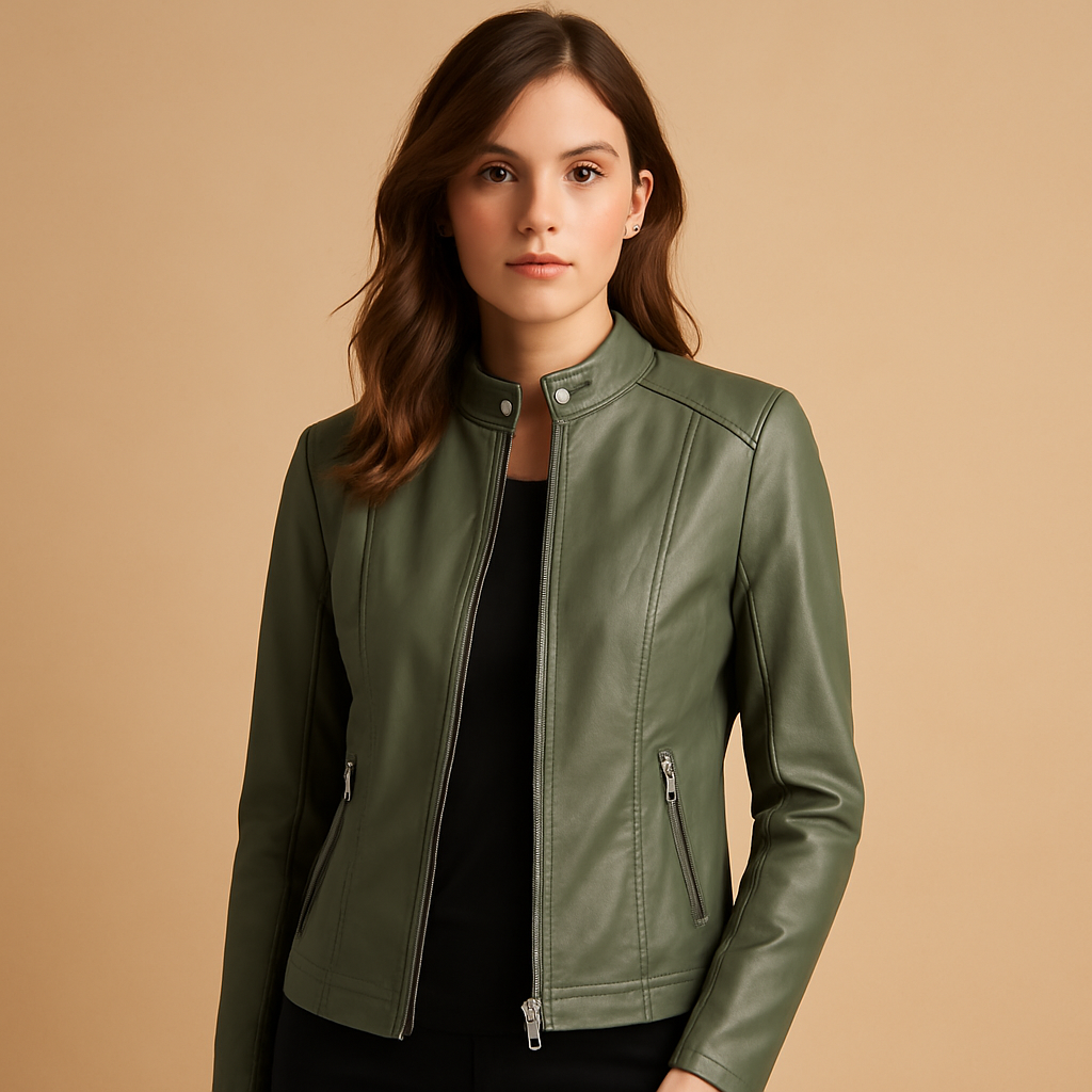 Women’s faux leather biker jacket with symmetric zipper, snap buttons, and silver details. A versatile choice for casual or elegant outfits.