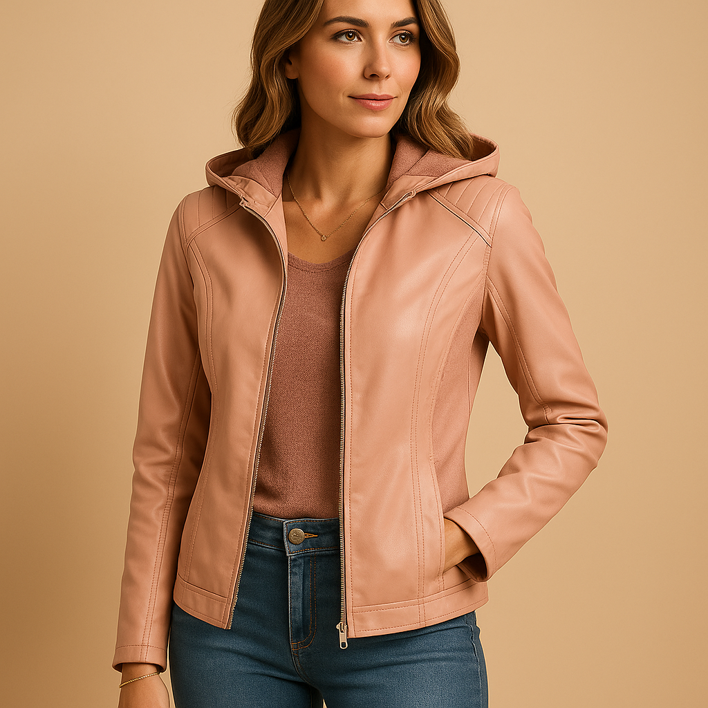 Women’s faux leather jacket with removable hood, gold zipper details, and regular fit. Perfect for casual and smart-casual spring or autumn outfits.
