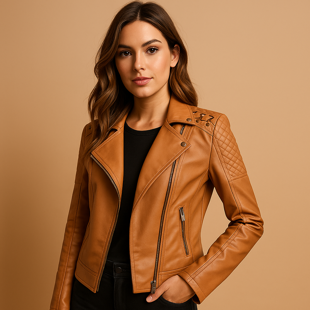 Faux leather jacket for women with tailored fit, stand-up collar, silver zipper, and stud details. Stylish and versatile for casual or elegant wear.