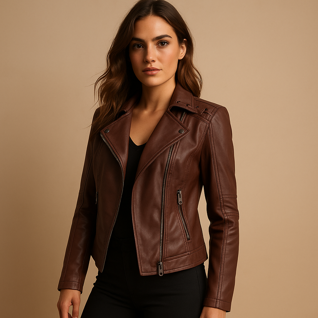 Faux leather jacket for women with tailored fit, stand-up collar, silver zipper, and stud details. Stylish and versatile for casual or elegant wear.