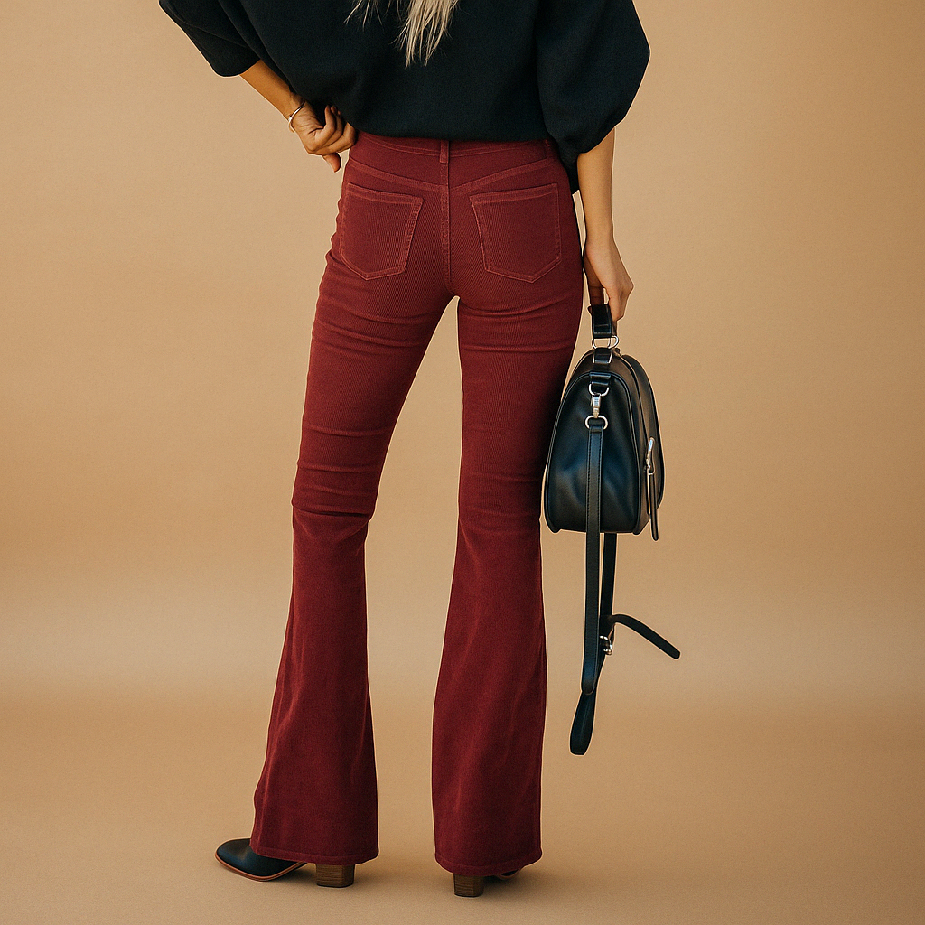 Women’s flared corduroy pants with a soft ribbed design, perfect for casual and semi-formal outfits with a modern vintage look.
