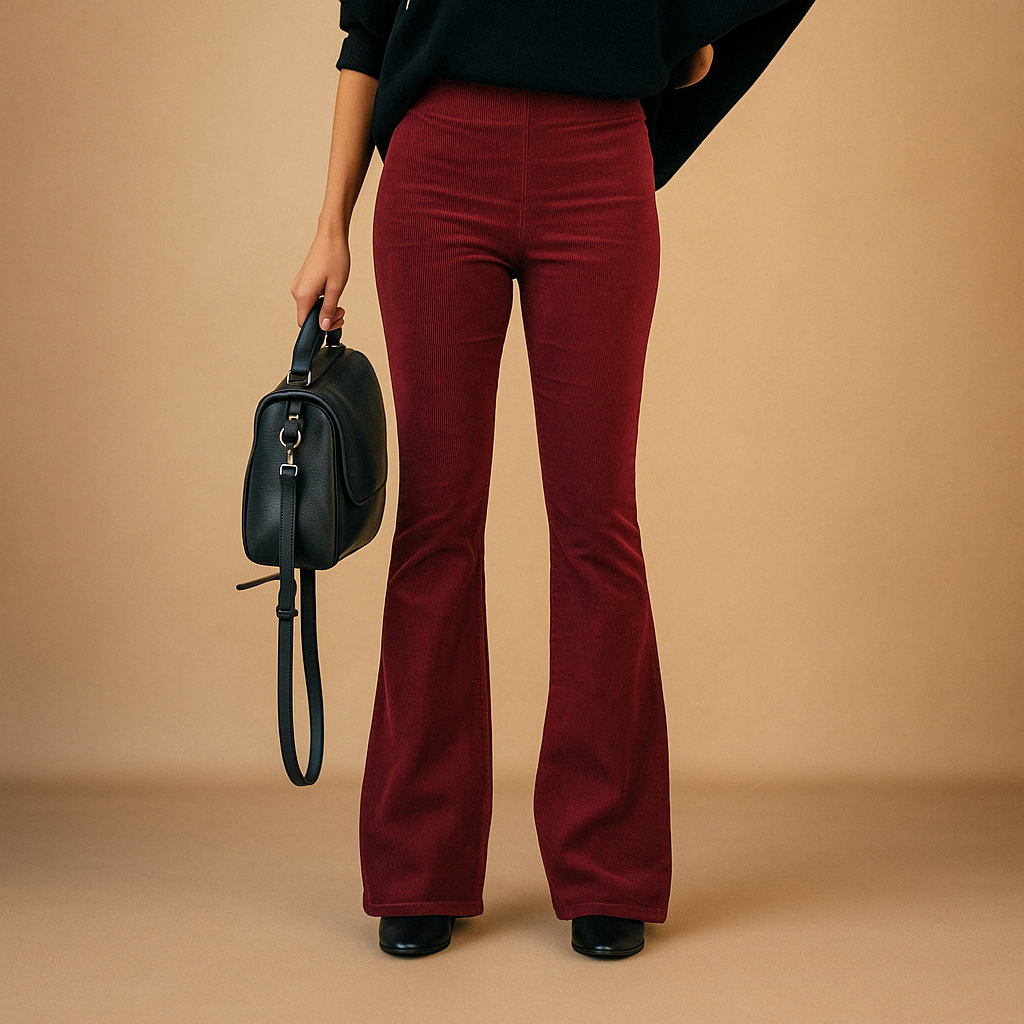 Women’s flared corduroy pants with a soft ribbed design, perfect for casual and semi-formal outfits with a modern vintage look.