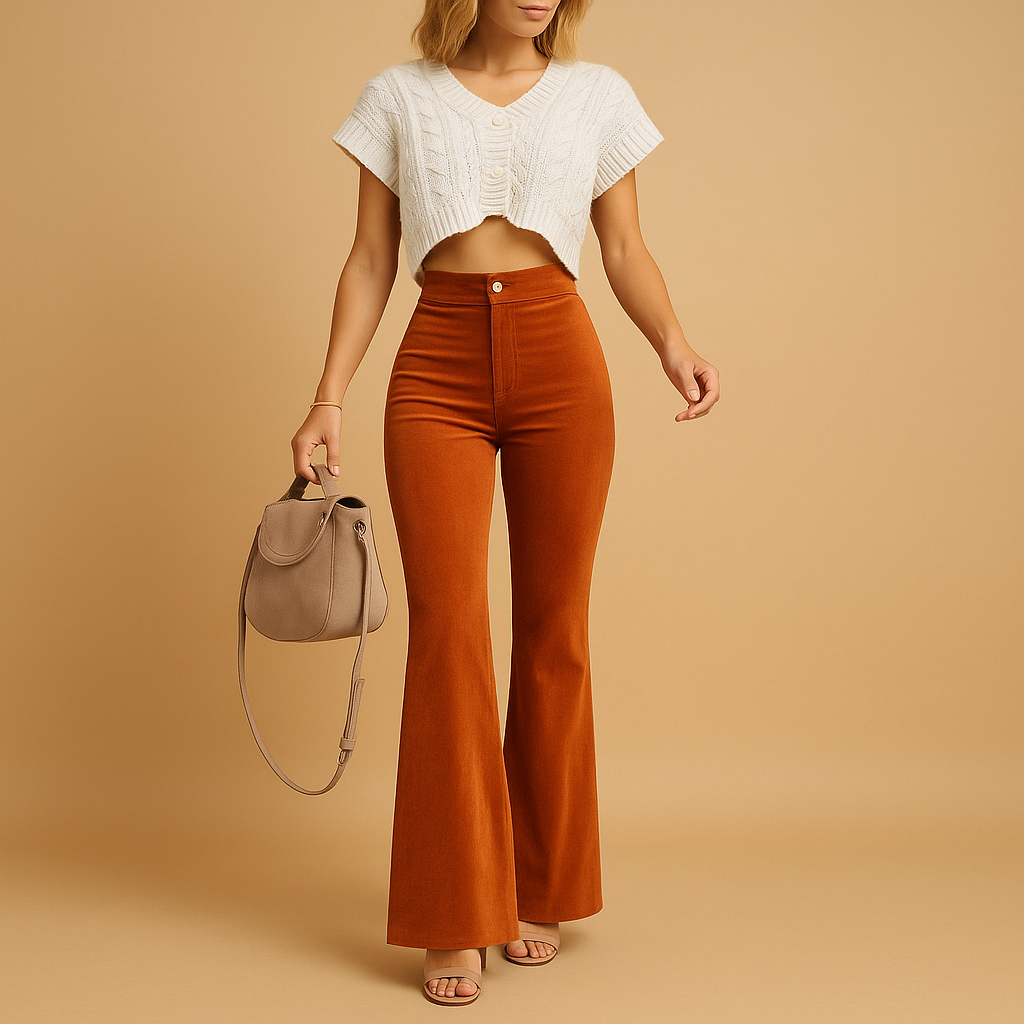 Women’s flared corduroy pants with high waist and elegant fit, perfect for casual and stylish everyday outfits.