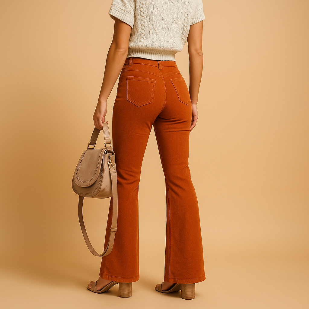 Women’s flared corduroy pants with high waist and elegant fit, perfect for casual and stylish everyday outfits.