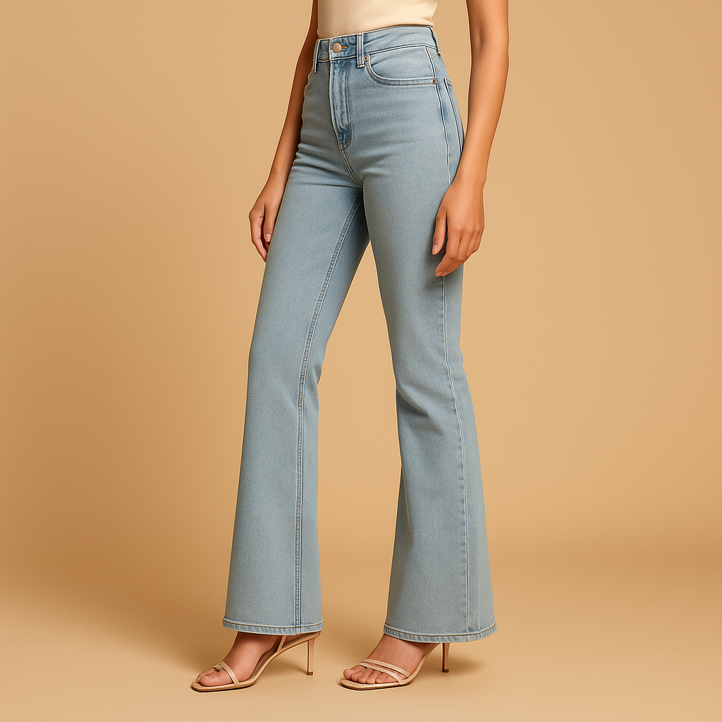 Women’s flared high-waist jeans in classic denim blue with wide legs, perfect for casual or elegant outfits.