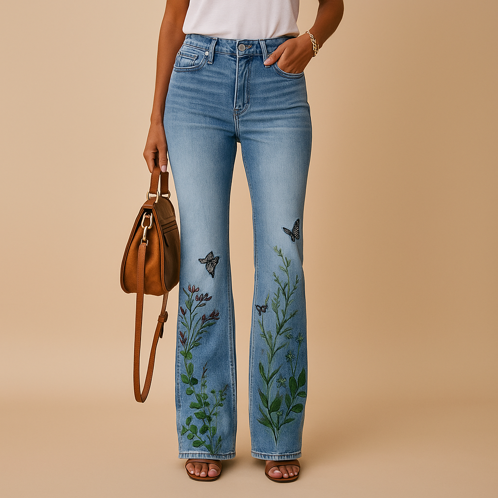 Women’s flared jeans with colorful floral and butterfly prints, made from soft breathable fabric, perfect for casual or summer outfits.