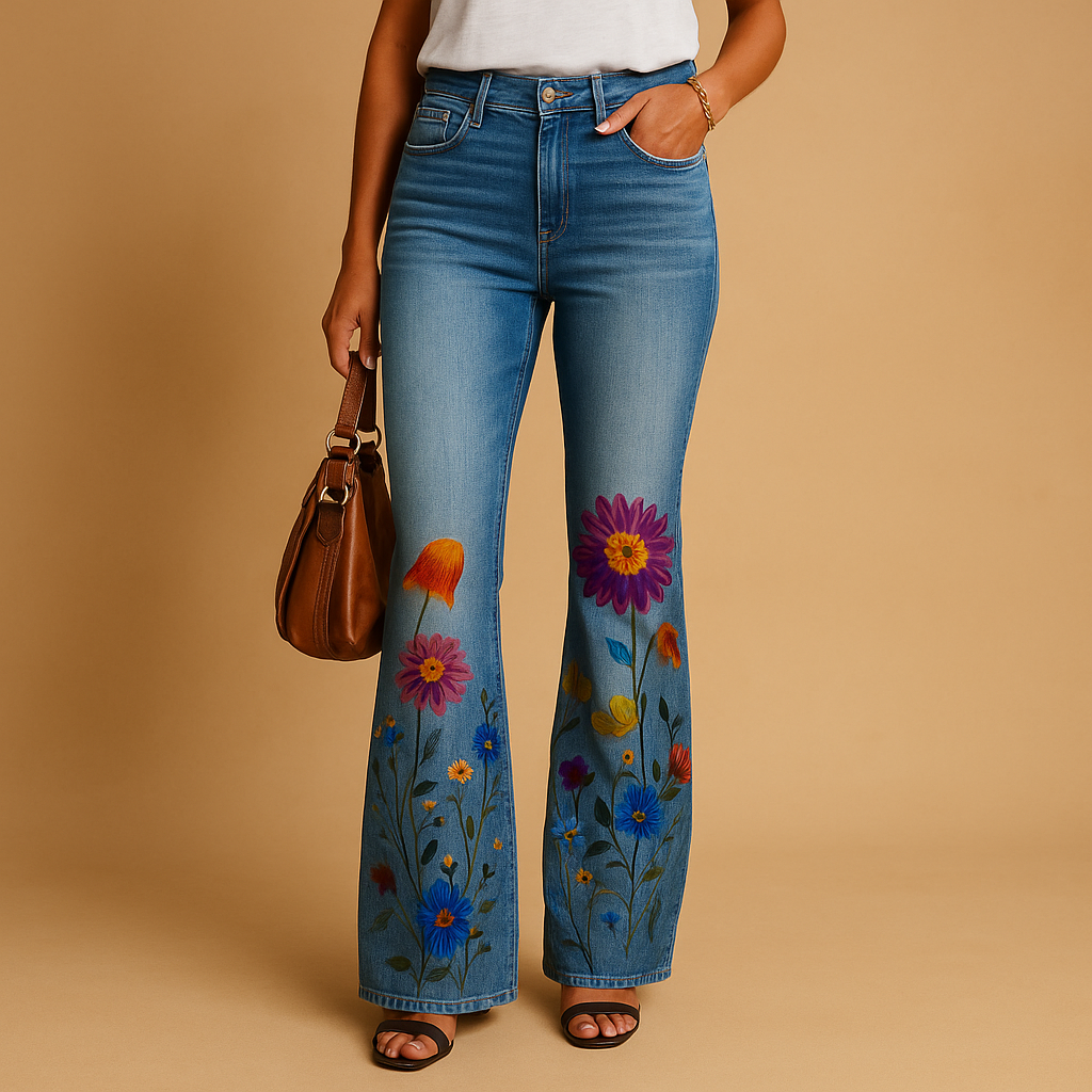 Women’s flared jeans with colorful floral and butterfly prints, made from soft breathable fabric, perfect for casual or summer outfits.