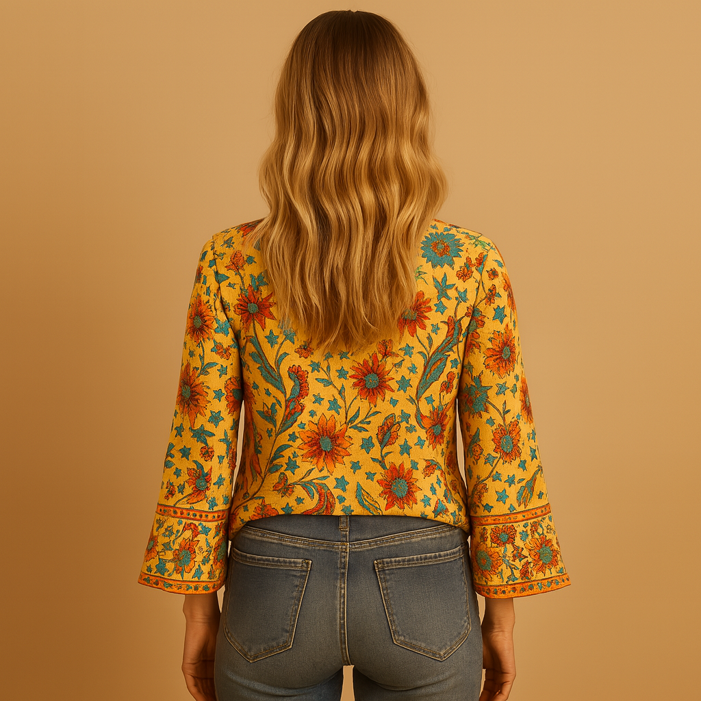 Women’s floral blouse with flared sleeves and high collar — light, elegant, and perfect for casual or festive summer looks.