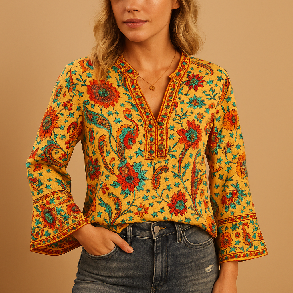 Women’s floral blouse with flared sleeves and high collar — light, elegant, and perfect for casual or festive summer looks.