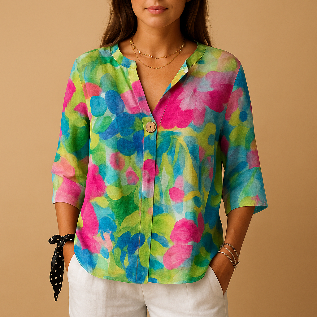 Women’s floral button blouse with classic collar and relaxed fit — lightweight, elegant, and perfect for spring or casual occasions.